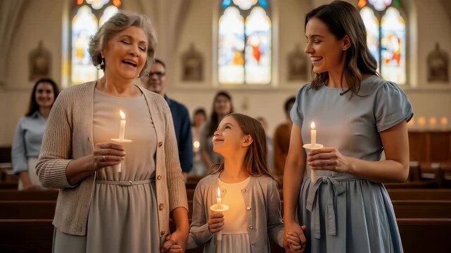A woman, girl, and another woman hold lit candles in a church, observing a religious ritual or service with faith and reverence.