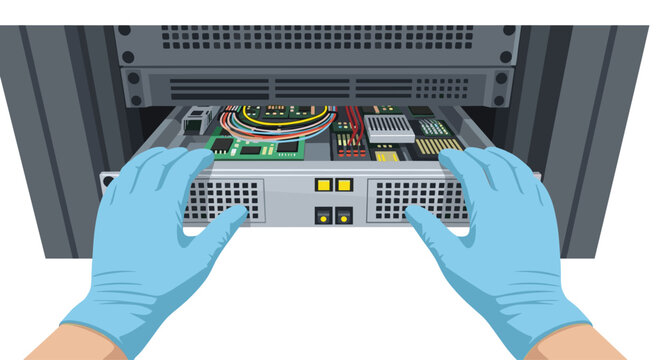 Two gloved hands are carefully inserting a server blade with visible internal circuitry into a dark grey server rack.