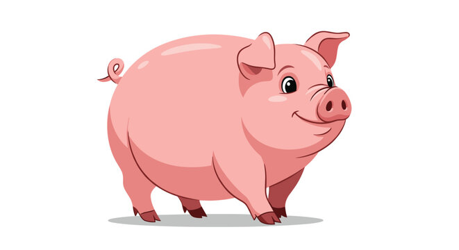 Happy pink farm pig standing sideways and smiling with a curly tail on a clean white background in a simple cartoon style.