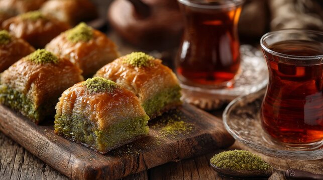 Sweet baklava and tea sit on a wooden table, ready for you.