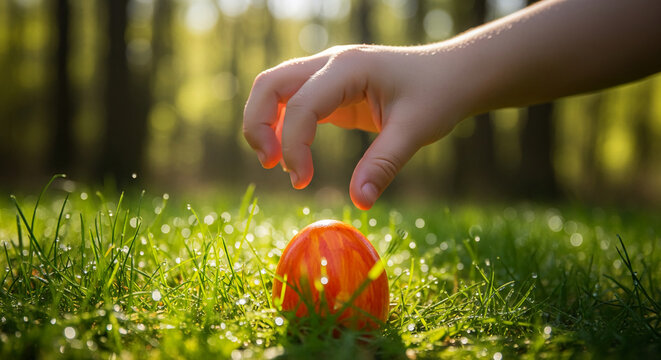 Close-up of child's hand reaching for orange easter egg in green grass with dew drops, suggesting a spring holiday celebration, outdoors