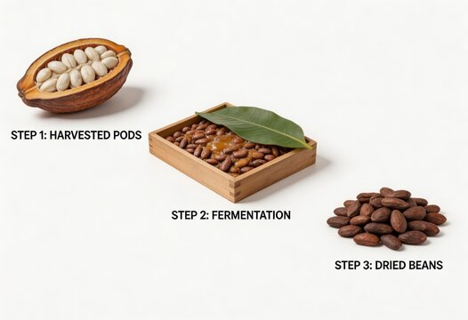Stepwise Illustration of Cacao Processing Featuring Harvested Pods, Fermentation Stage Highlighting Cocoa Bean Transformation, and Final Dried Beans in a Minimalist Presentation