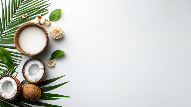 Coconuts, fragrant plumeria flowers, and a large palm leaf creating a tropical and celebratory composition, symbolizing natural beauty, relaxation, and wellness on a vibrant background. Copy space
