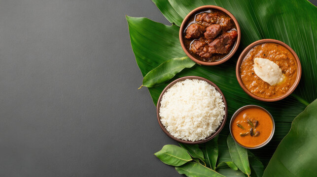 Ugadi Gudi Padwa celebrating traditional South Indian festive meal offering a variety of flavors and authentic regional cuisine for New Year celebrations. Copy space