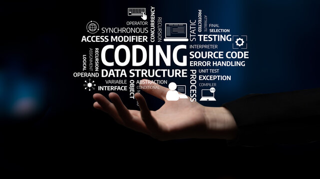 Artistic visualization of coding concepts featuring a hand gesture, showcasing terms like data structure, error handling, and testing in a modern digital environment. Tessel
