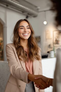 Happy client shaking hands with a professional at reception, smiling woman in beige blazer and coral blouse in modern office