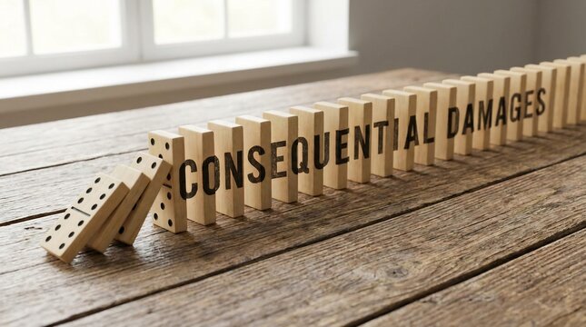 Consequential damages concept shown with falling dominoes on a wooden table.