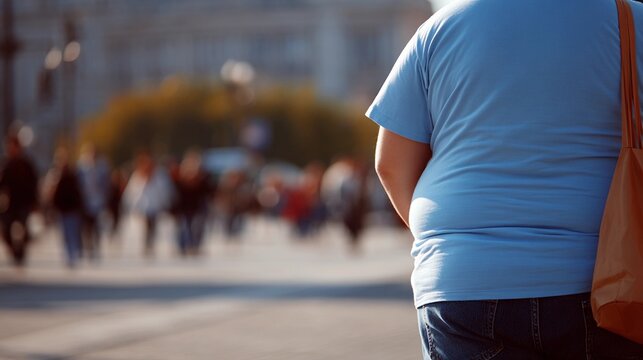 The fat person is wearing a blue shirt and blue jeans