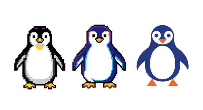 Three different styles of penguin illustrations, from pixel art to modern vector graphic