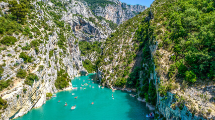 Canyon mountains, boats, turquoise river in France