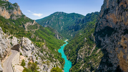 Canyon mountains, boats, turquoise river in France