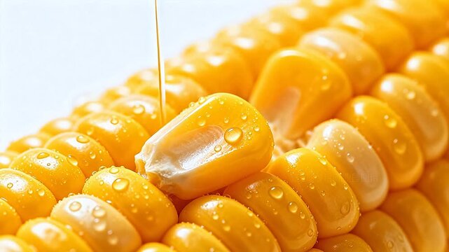 Closeup of corn kernels with water droplets