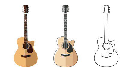 Three acoustic guitars in different styles: flat design, illustration, and outline
