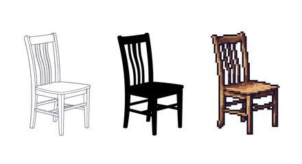 Fototapeta premium Three distinct styles of wooden chairs: line art, silhouette, and pixel art