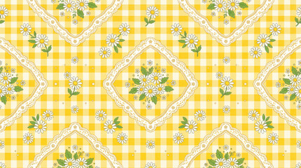 Gingham pattern with lace frames and daisies