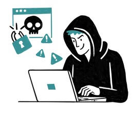 Hombre joven hacker con una laptop ingresando a una web de manera clandestina. Viste una capucha y poleron negro