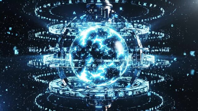 Dynamic holographic energy sphere powering a complex futuristic digital core, representing advanced technology and scientific innovation within a cybernetic framework