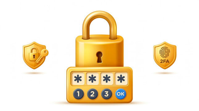 Cybersecurity concept with padlock, password, and two-factor authentication