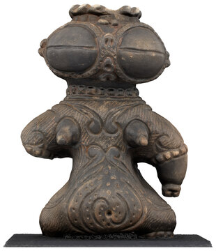 Ancient Jomon dogu clay figurine frontal view prehistoric Japanese statue isolated on transparent background 3D Render