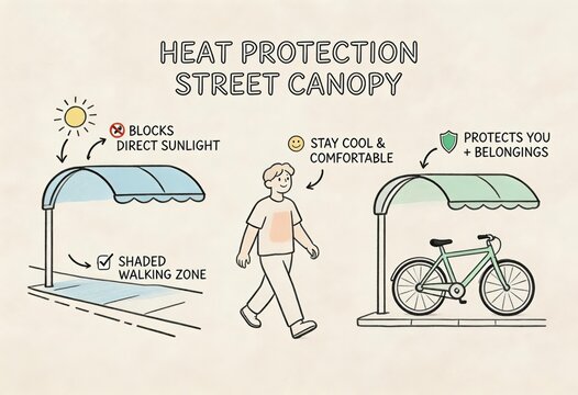 Innovative Street Canopy Design for Optimal Heat Protection and Comfortable Urban Walkways Enhancing Safety and Comfort for Passersby and Bicycles