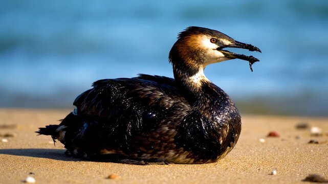  A heartbreaking, highly detailed close-up photograph of a severely oil-covered grebe sitting on a sandy beach