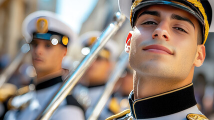 Brazilian military officer standing during a national independence day parade, displaying solemnity and duty in uniform, representing commitment to service and patriotic pride