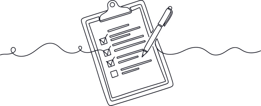 A simple line drawing of a clipboard with a checklist and pen on a wavy background