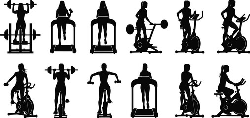 Obraz premium A group of people exercising on various fitness equipment in a gym