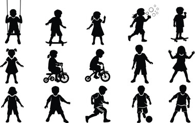 Obraz premium A group of happy children playing and engaging in various fun activities in black silhouette.