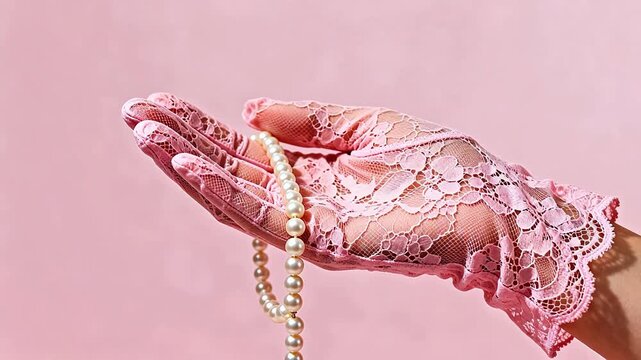 Pink lace glove holding pearl necklace