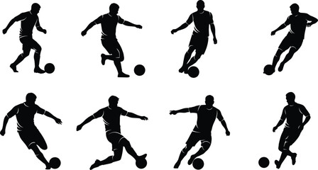 A collection of black silhouettes of soccer players in various poses on a white background