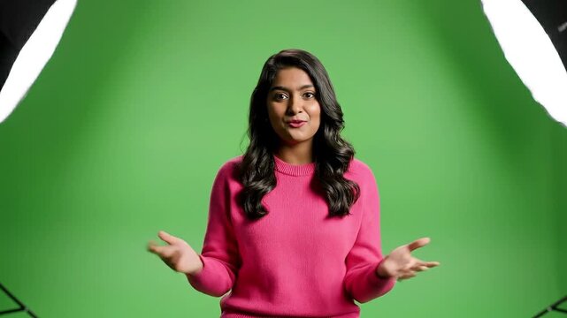 Confident young woman in a pink sweater actively presenting and gesturing in a modern studio against a bright green screen, ideal for diverse video production and engaging digital content