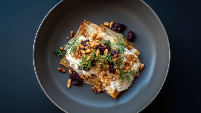 Layers of Makdous With Yogurt and Pine Nuts Served in a Dish