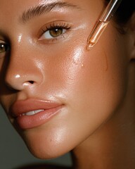 Fototapeta premium Young Woman Applies Skincare Product in a Relaxed Indoor Setting