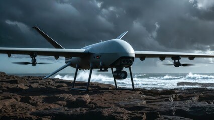 Stealthy Unmanned Aerial System Drone on Rocky Coastline Under Stormy Skies