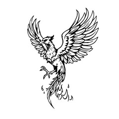 Dramatic Woodcut Illustration of a Phoenix Rising from Fiery Ashes, Featuring High Contrast Black Ink on a Clean White Background &ndash; Ideal for Mythical Themes and Bold Designs