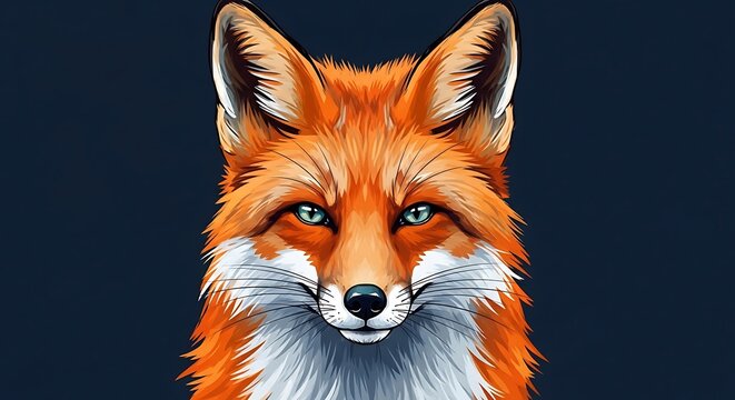 Vivid illustration of a red fox head, facing forward, with sharp details, on a dark blue backdrop