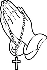 Fototapeta premium Praying hands with rosary beads and cross line art illustration