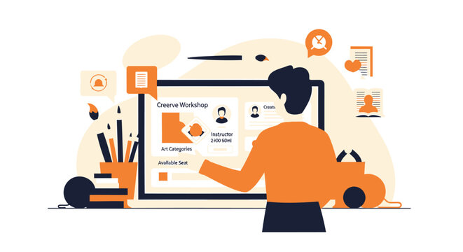 Vector illustration of a person working on a large computer screen with design elements