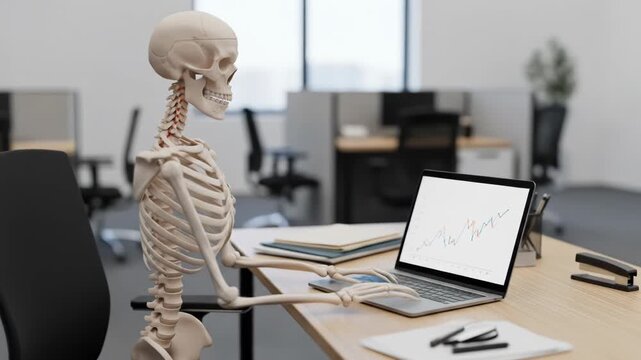 A skeleton sits at a desk in an office setting looking at a laptop (1)