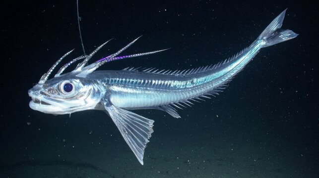 chimaera. A deep-sea chimaera glowing with bioluminescent forehead lights in the dark ocean abyss. wildlife magazines, conservation campaigns, designed for eco-tourism storytelling.
