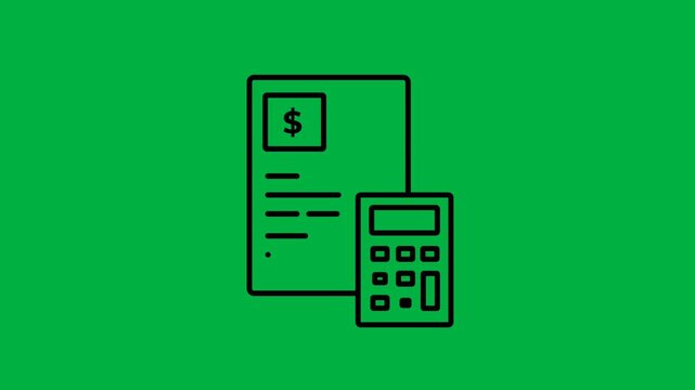 Animated accounting line icon with spreadsheet, money and calculator animation demonstrating cost estimation and budgeting. Outline style on a green background in 4K resolution. 