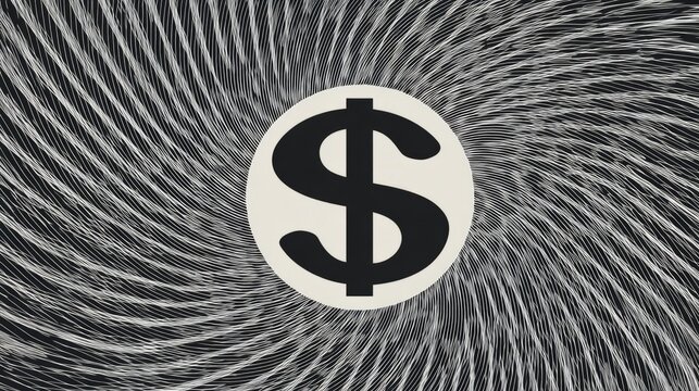 virtuosity. A distorted spiral pattern featuring a currency symbol at its center in monochromatic graphic design style. pitch deck slides.
