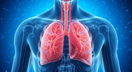 3D illustration of human lungs within a transparent torso, glowing to show respiratory health