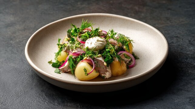 Salad Made With Fermented Baltic Herring, Potatoes, and Herbs Served in a Bowl
