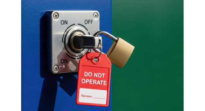 Electrical safety lockout tagout procedure with padlock and red warning tag. Do not operate sign on industrial switch. Workplace safety and maintenance compliance