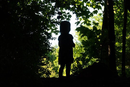 A young girl silhouetted amongst the trees in a wood on a summer's day