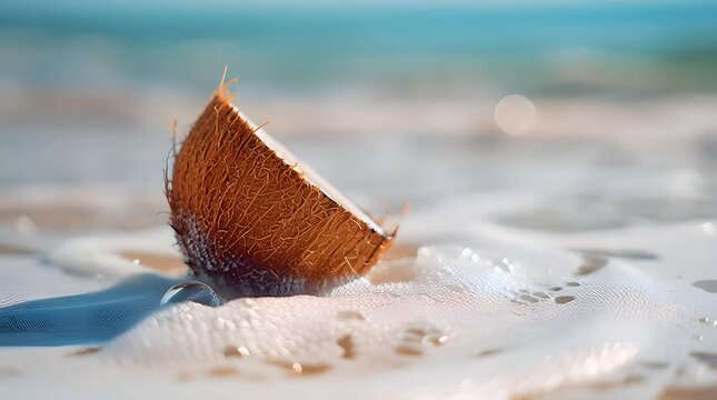 A single, halved coconut rests on a sandy beach as gentle ocean waves with white foam wash over it, creating a serene and tropical mood against the blurred blue water
