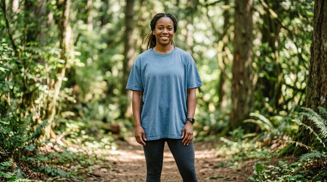 A woman stands on a dirt trail surrounded by trees in a forest. She is wearing a blue t-shirt for mockup.