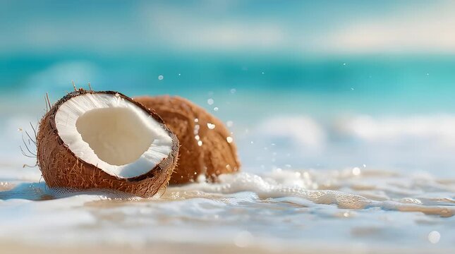 Close-up shot of a halved coconut and whole coconut resting on a wet sandy beach with gentle ocean waves and bright, tropical blue water creating a refreshing summer mood